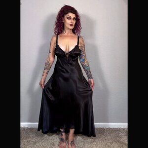 90s Black Maxi Flora Slip Dress Gown Chemise Retro 50s Glam Goth L